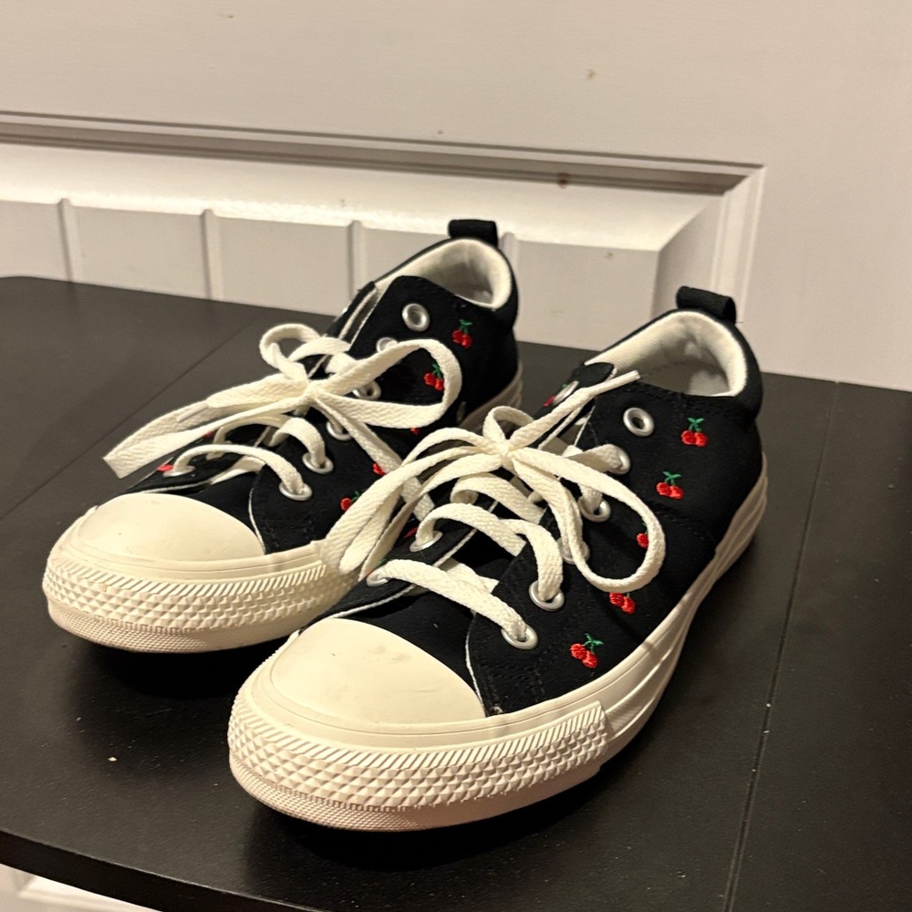 Womens Black Canvas Sneakers with Cherry Embroidery